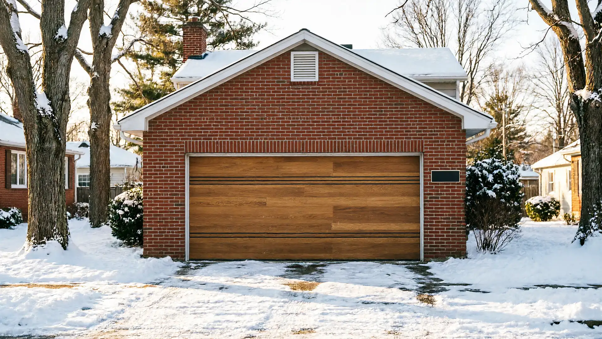 A brick house with a wooden garage door is covered in snow.