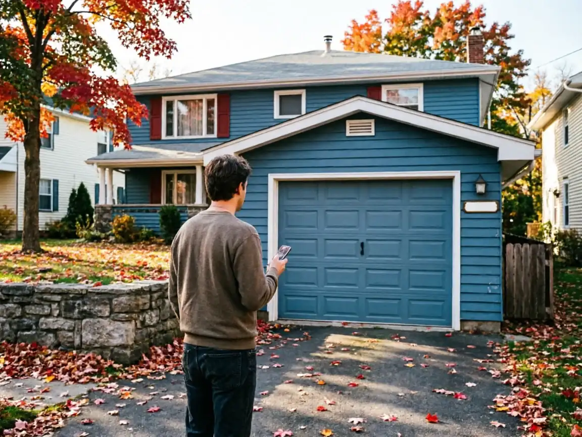 A man stands in a driveway looking at a blue garage door on a blue house.