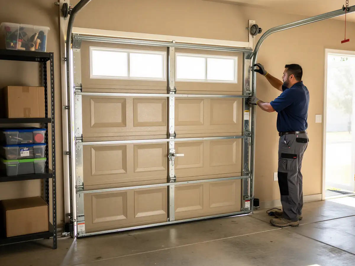 A technician in a blue shirt is working on a tan garage door with windows.